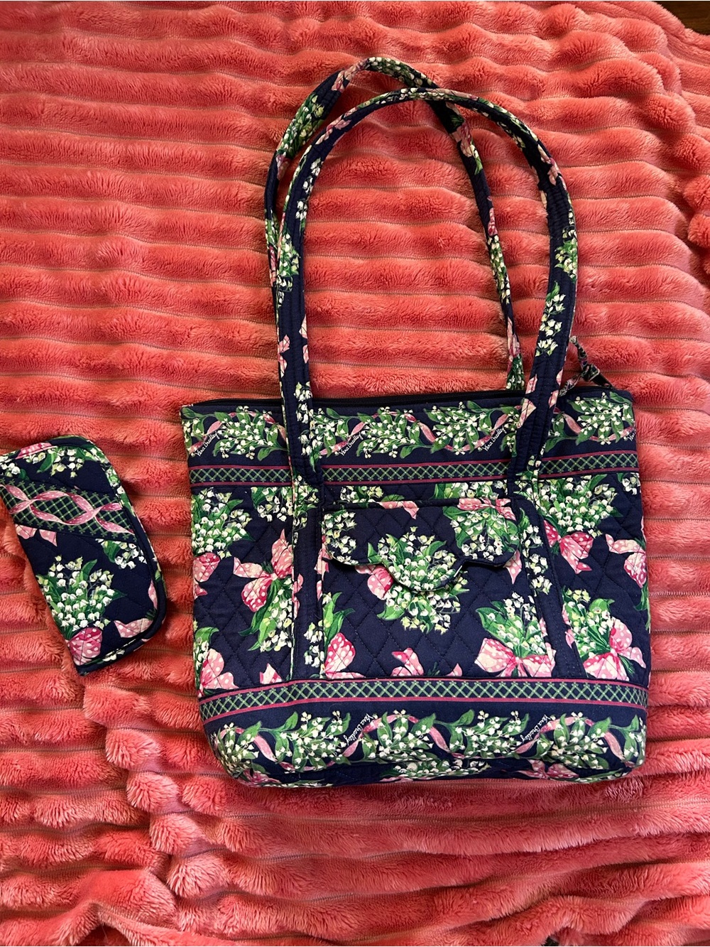Vera Bradley Navy Quilted Floral Tote with Pink and Green Accents